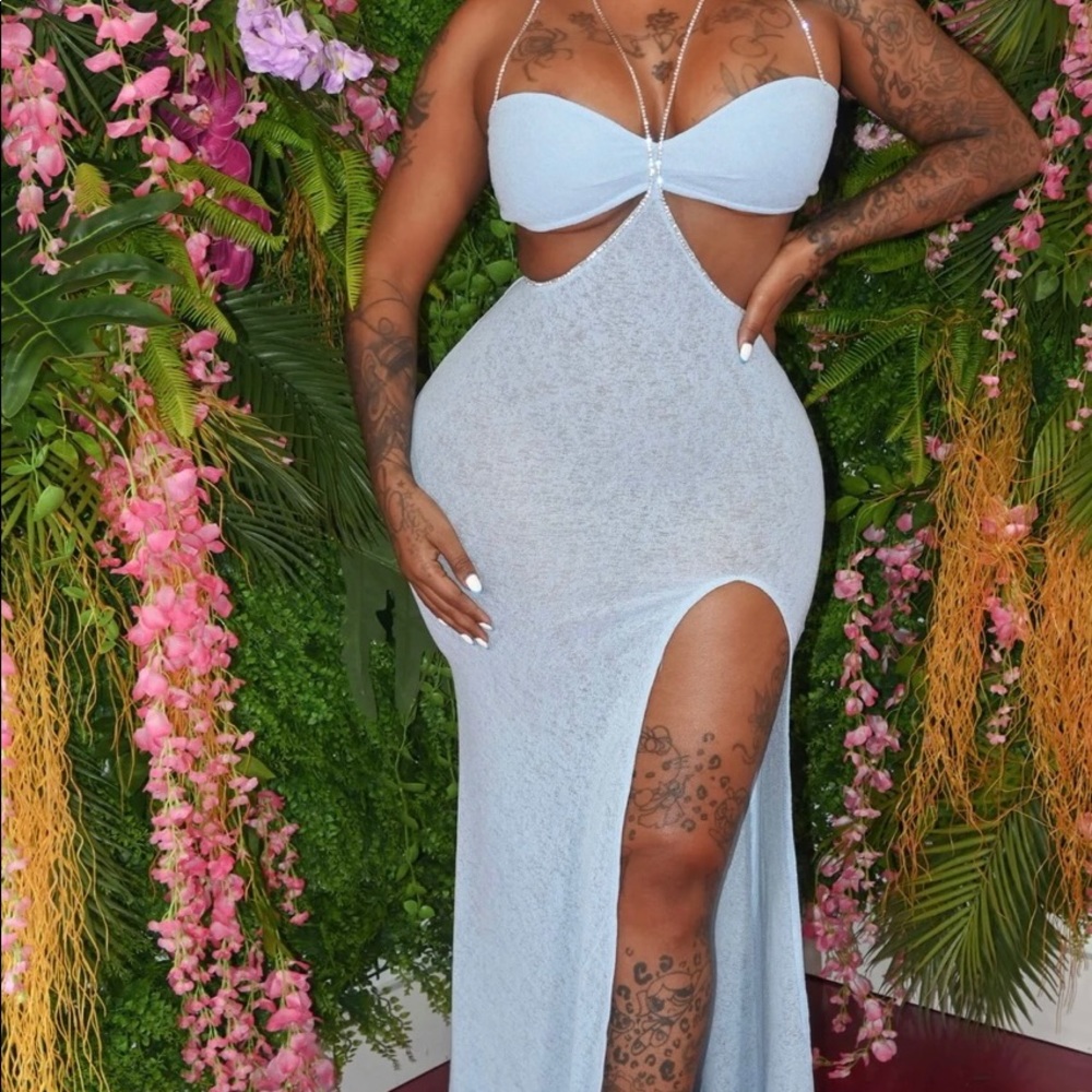 NEW LIGHT BLUE SLIP DRESS/RHINESTONE STRAPS